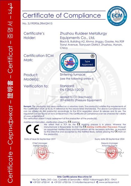 Китай Zhuzhou Ruideer Metallurgy Equipment Manufacturing Co.,Ltd Сертификаты
